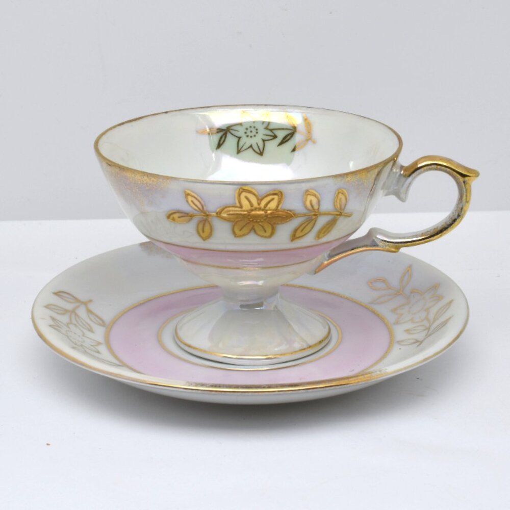 Sterling China Pink and Gold Teacup and Saucer Set with Luster Finish, Japan